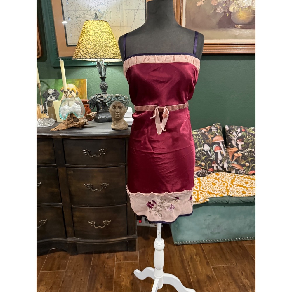 Cacique Satin Chemise Nightgown Burgundy Pink Floral Embroidered Plus Size 18/20
